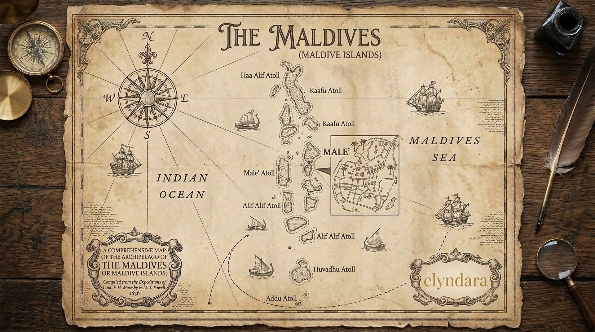 An antique-style story map of the Maldives with atoll chains, Male inset, sailing routes, and Elyndara editorial detailing.