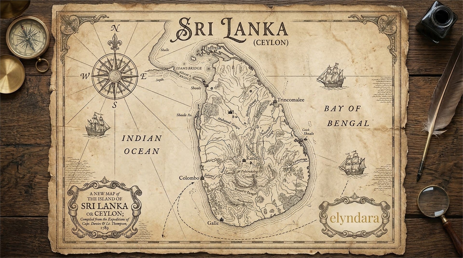 An antique-style story map of Sri Lanka with compass, route markings, and Elyndara editorial detailing.